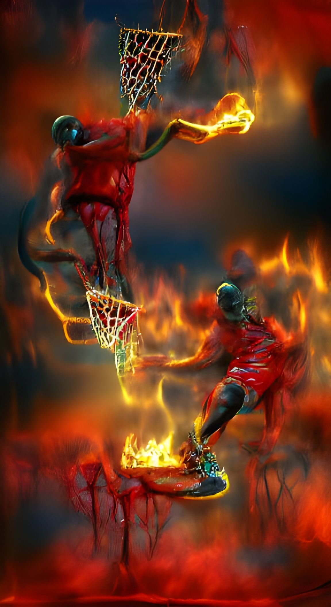 Michael Jordan Zombie on fire dunks over fire demons in hell...