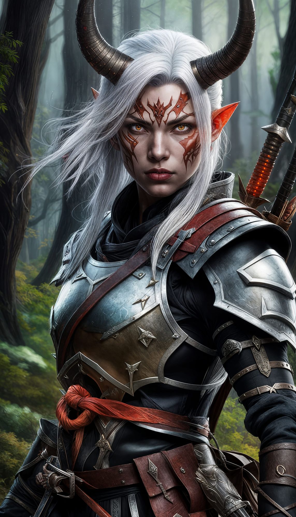 female Oni DnD ranger holding a katana. White hair, amber eyes, and straight matching horns. Tusks and fangs. Bow and quiver of...