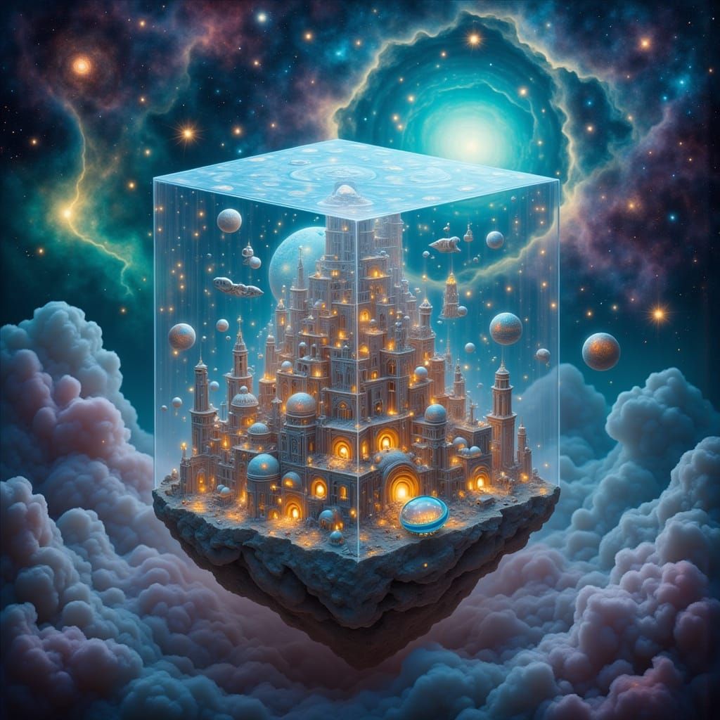 <lora:Alien:1.0> Surrealist art. Close-up. A transparent cube encases a miniature, glowing alien city, floating amidst swirling nebulae, wit...