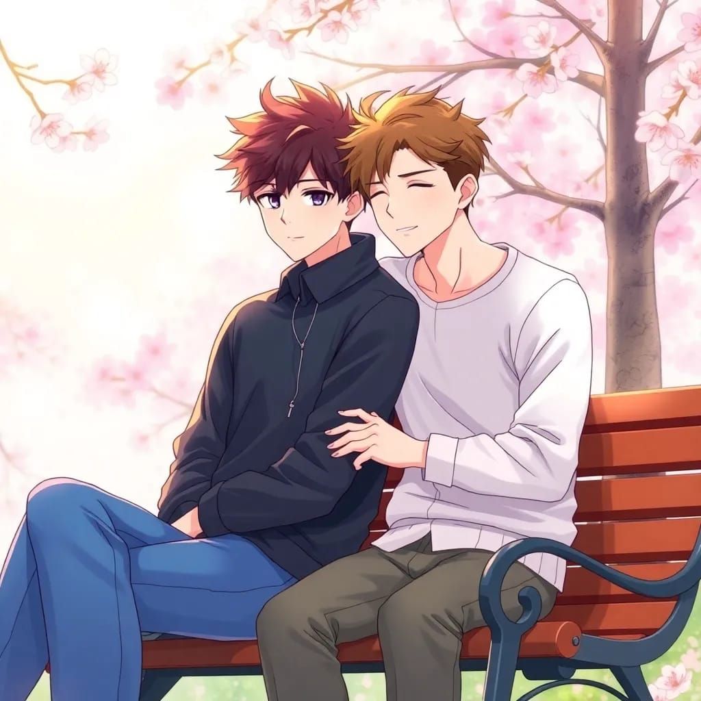 manga style anime with two male leads sitting close together...