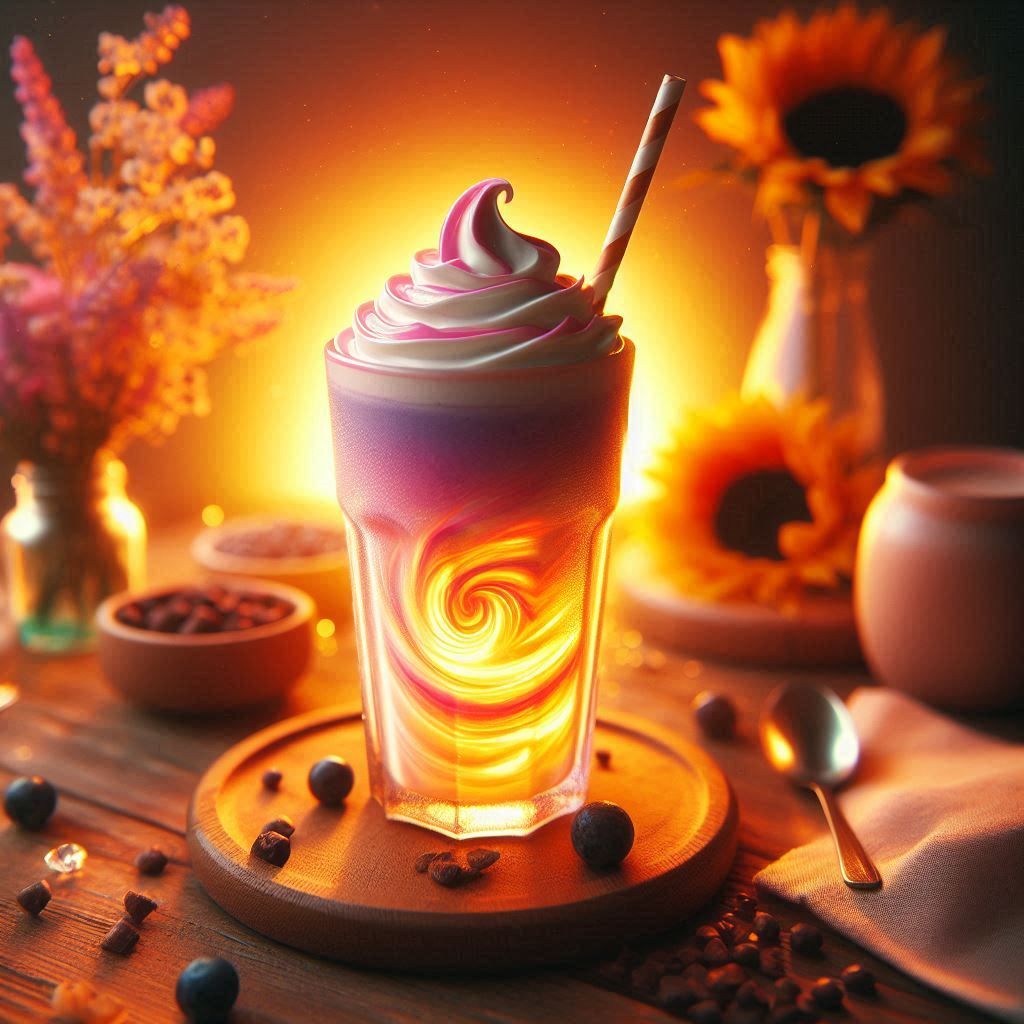 A milkshake with a glowing sunset swirl inside it.