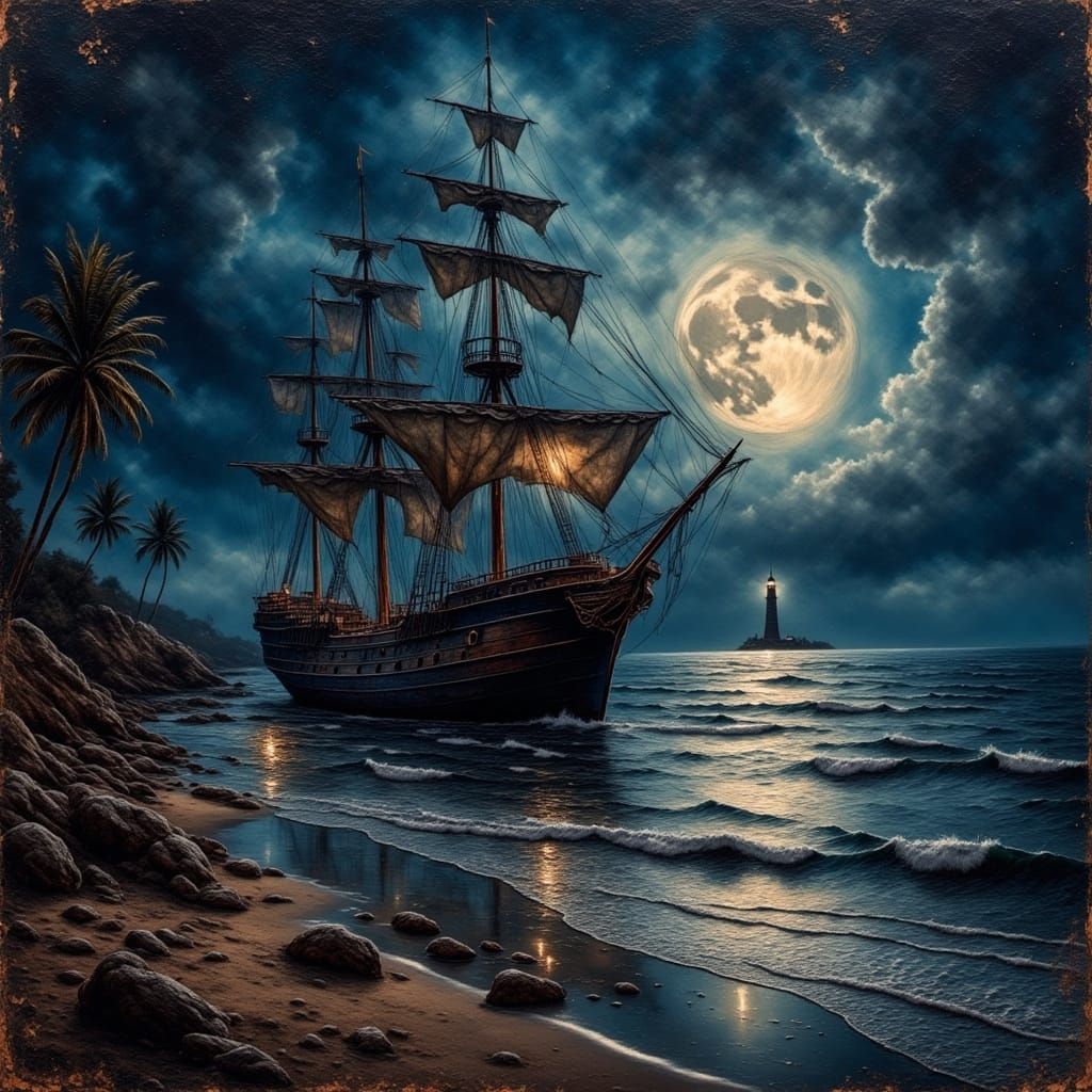 a nighttime grungy oil-painting of a pirate ship as viewed from the beach ...  by @BoratsChestHair
