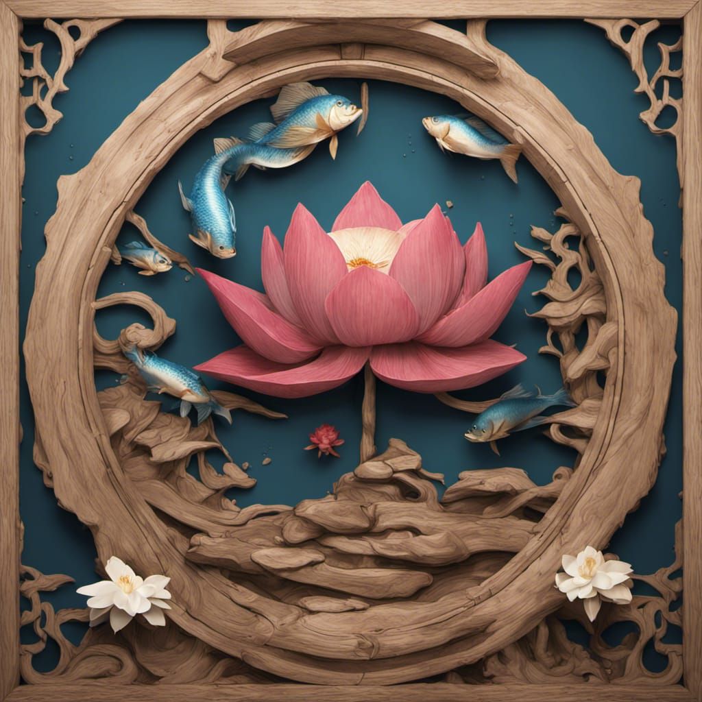 Fan, lotus, fish, water splashes, wooden, oriental