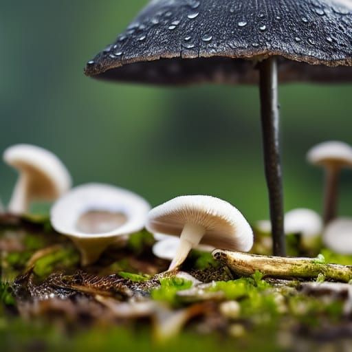 oyster mushrooms in a rainy day, ant view perspective, atmos...