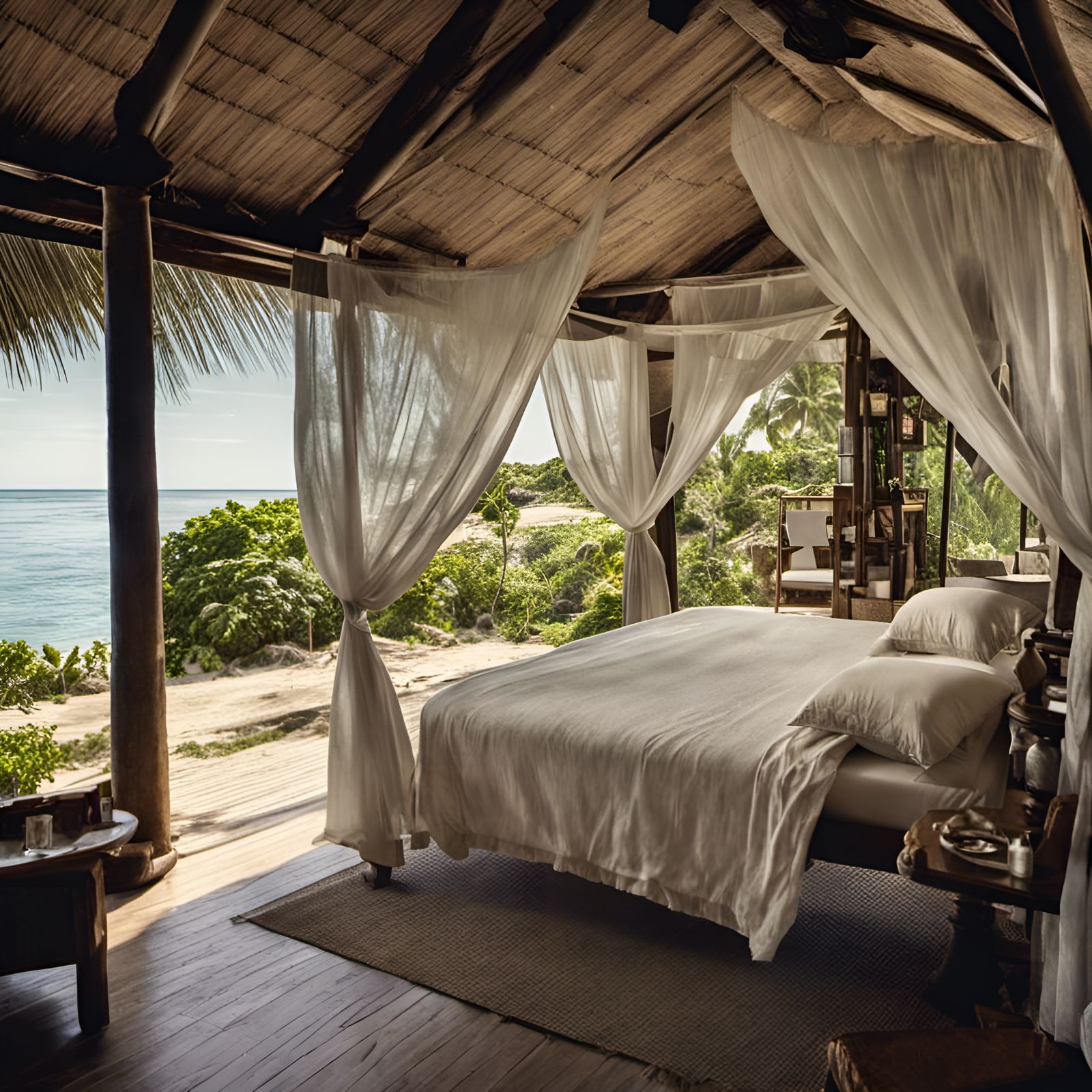 A long shot of an open air bedroom suite with mosquito nets and ceiling fans overlooking the beach of ...  by @Fredericco