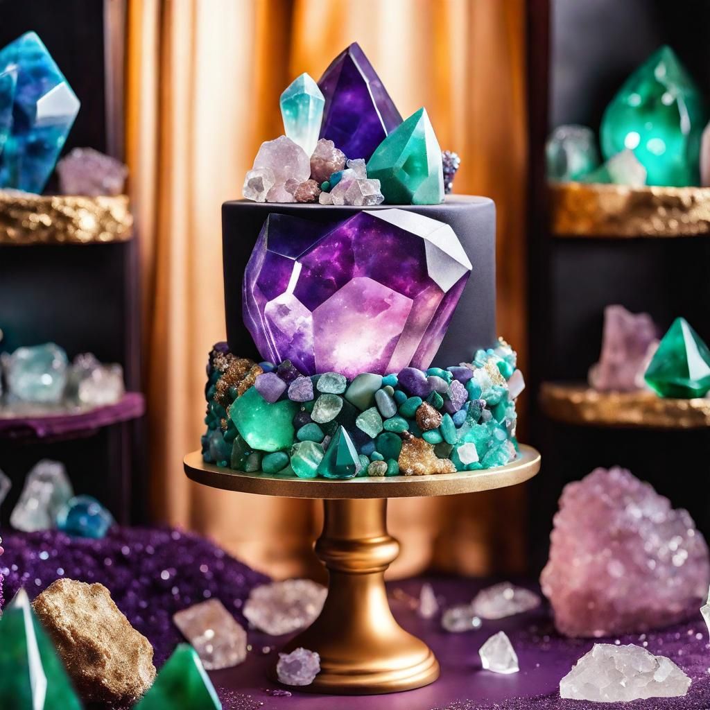 A giant gemstone themed cake with many sparkly gemstones, crystals