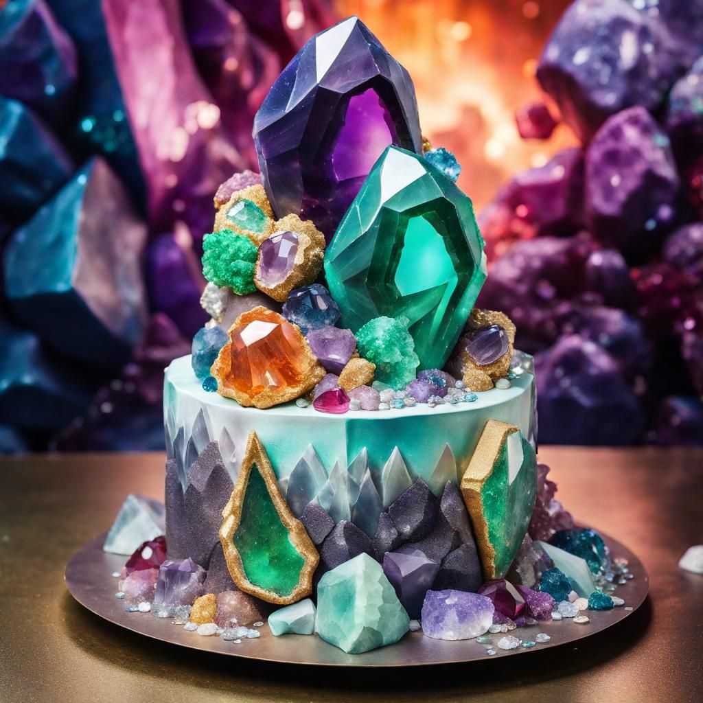 A giant gemstone themed cake with many sparkly gemstones, crystals