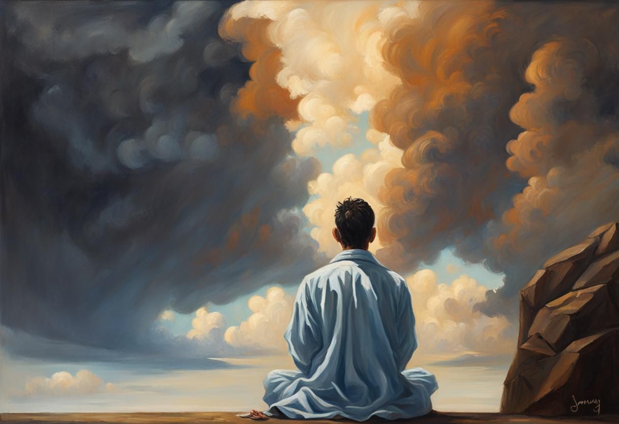 A black hair man in brown sitting meditating before a blue sky with dark cloulds, view from behind, perfect composition