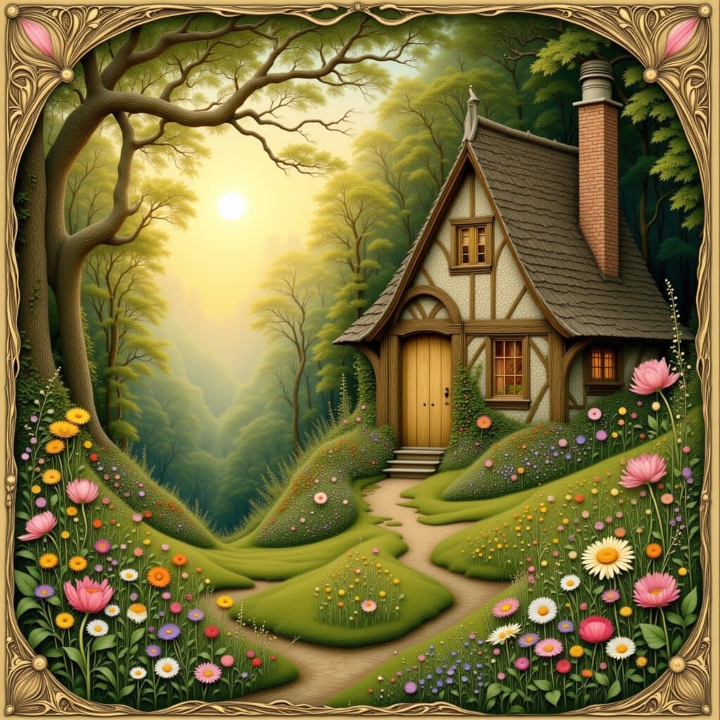 Charming Storybook Cottage in Golden Hour Forest