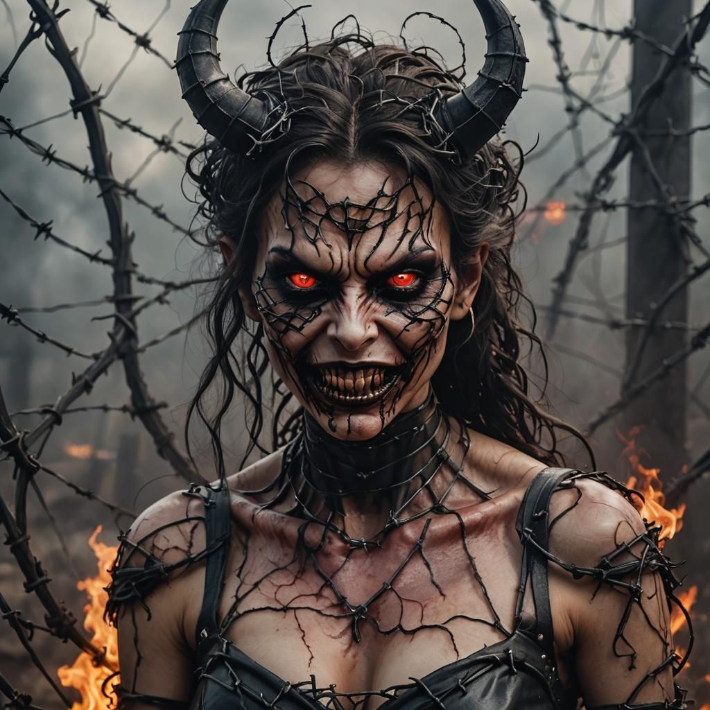 A hauntingly beautiful hyperrealistic portrait of an evil demoness, skillfully rendered with exceptional ...  by @Pinhead fan