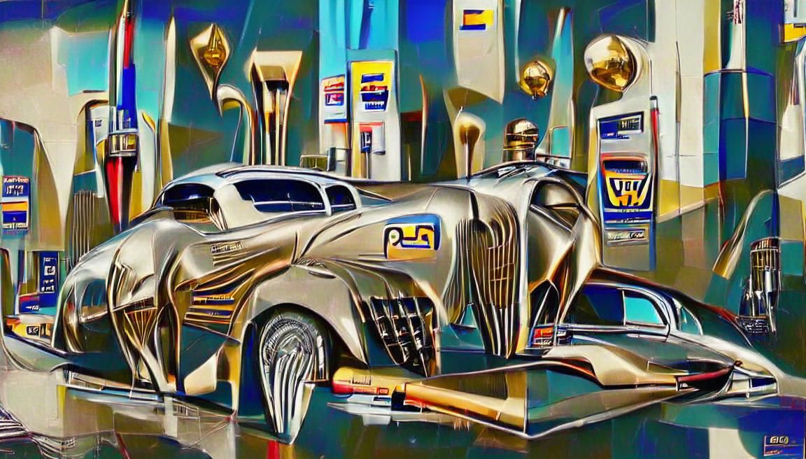 A sleek hyper duesenberg, motoring in art deco style, sleek metallic streamlined abstraction, retrofitted futuristic proton power WD40, gas...