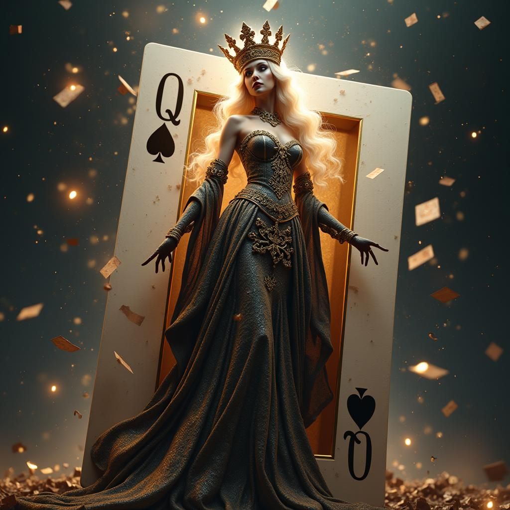 "portrait queen of clubs stepping out of a playing card, 