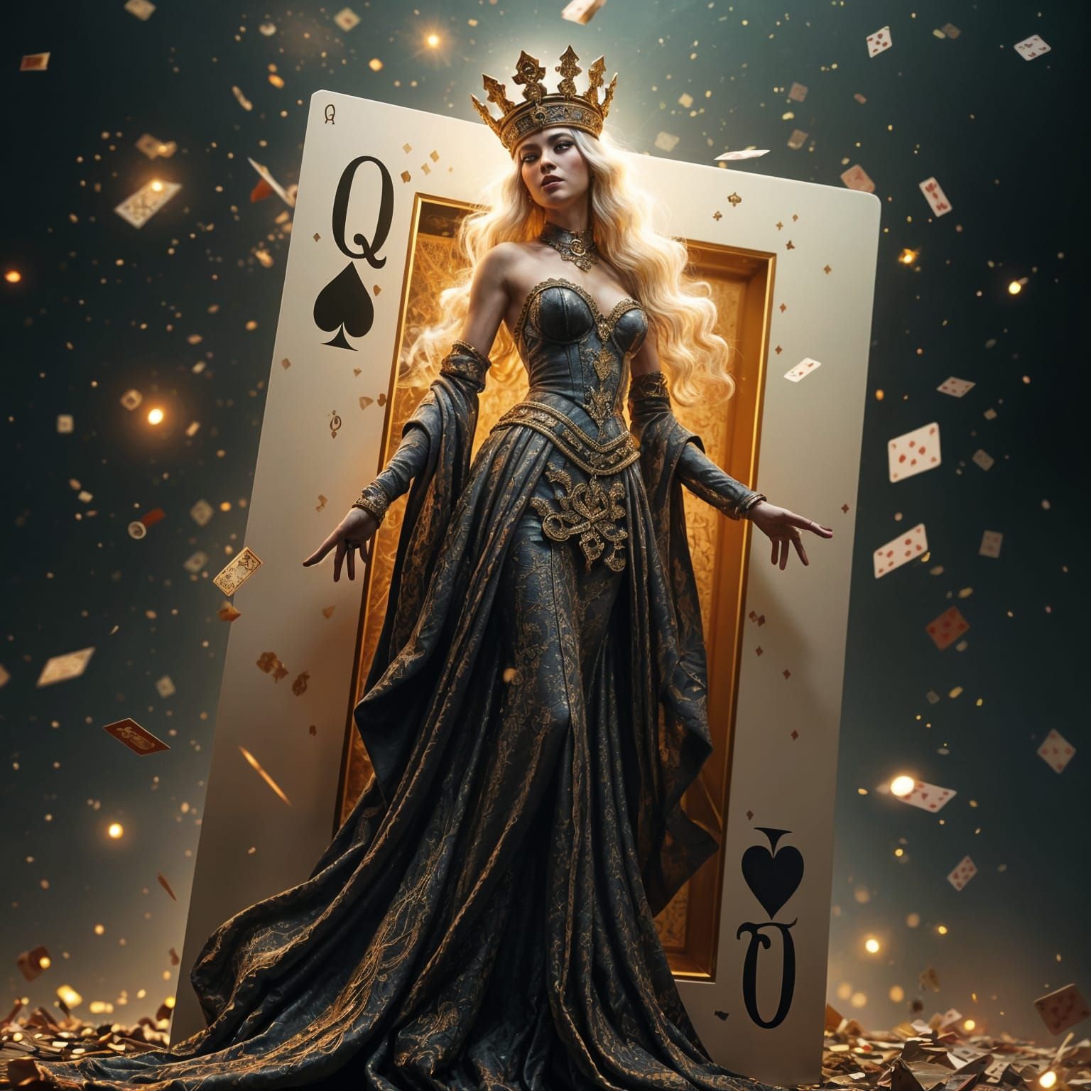 "portrait queen of clubs stepping out of a playing card,