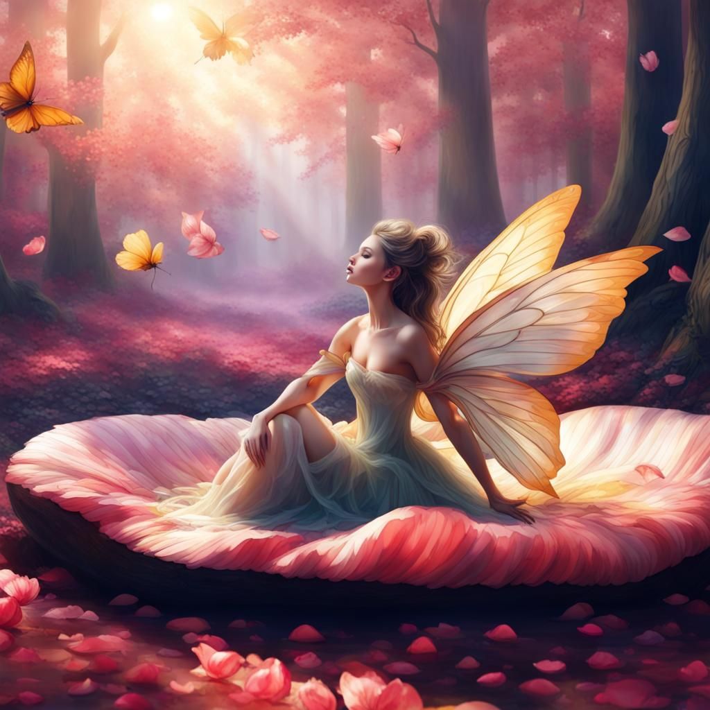 A beautiful realistic looking fairy with curly long blonde h...