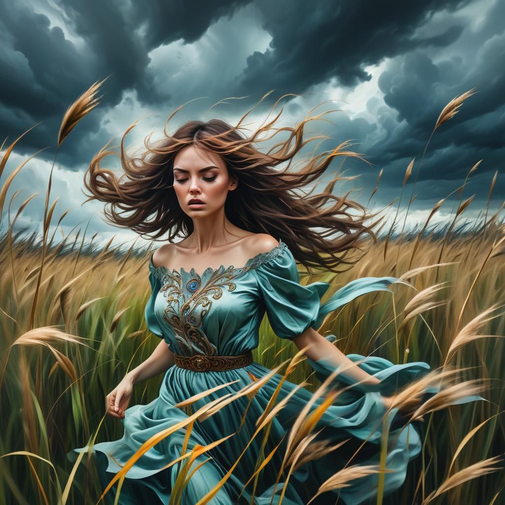 Before the storm in the tall sea of long and slender grass stands a girl with her brunette hair blowing ...  by @Wildstorm