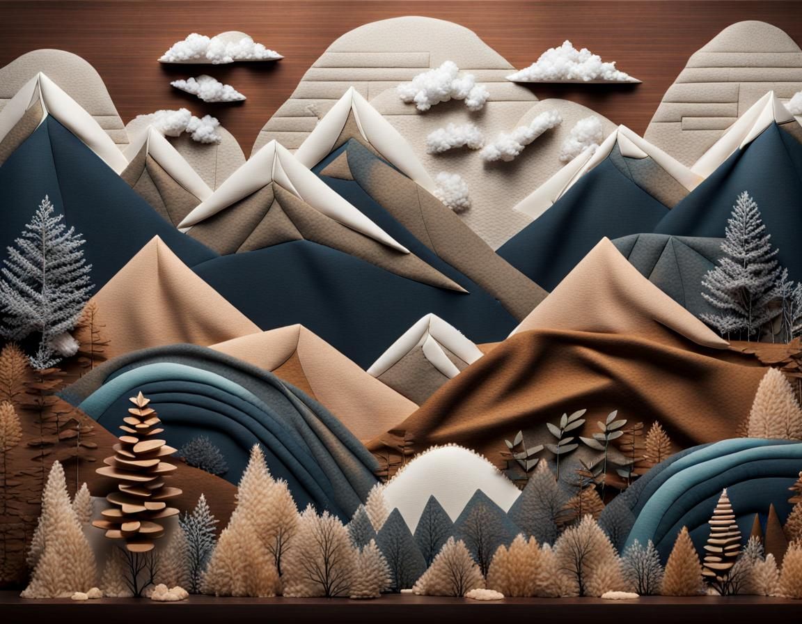 Imaginative scenes of nature and mountains featuring a rich array of tactile elements, such as fabric, ...  by @Harry-Lagman