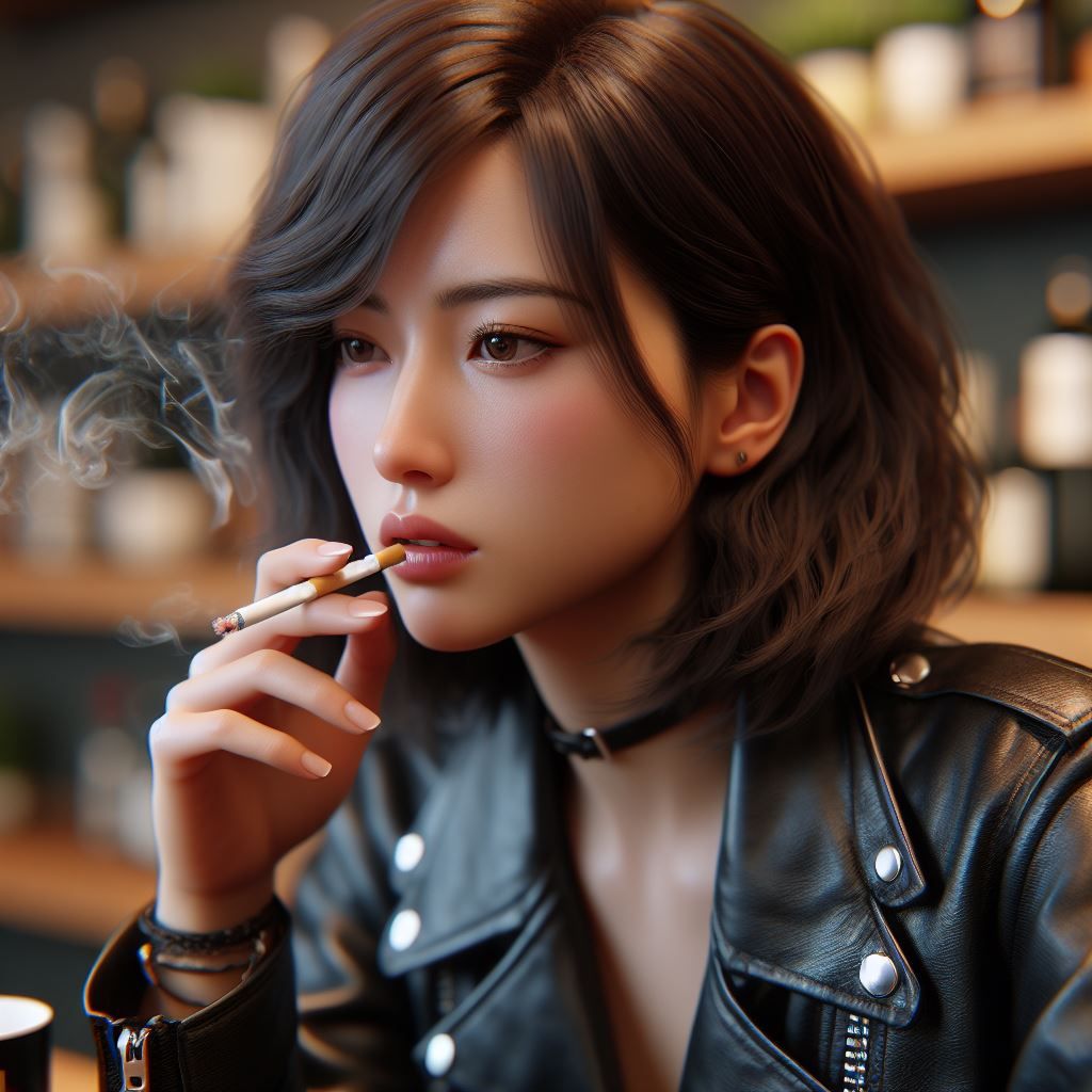 Japanese Beauty smoking in leather