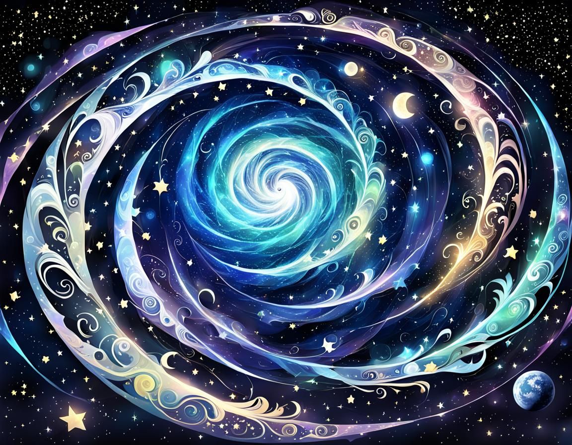 anime, time warp, stars, swirls, moons