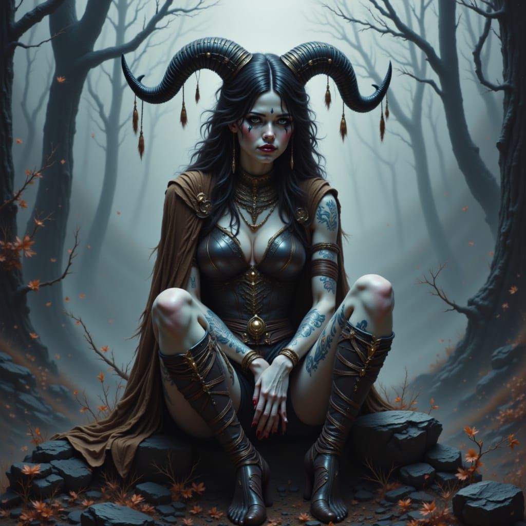 A dark fantasy digital art piece of a mystical figure in a misty forest setting. The figure has pale white skin, long wavy brown hair, and w...