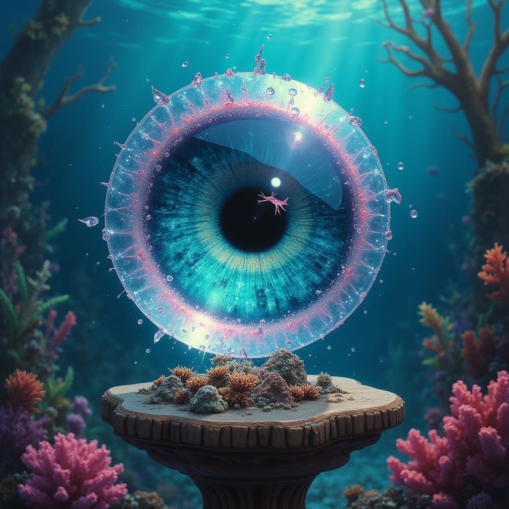 Holographic Mermaid Eye with Fish Reflection in Ocean Depths