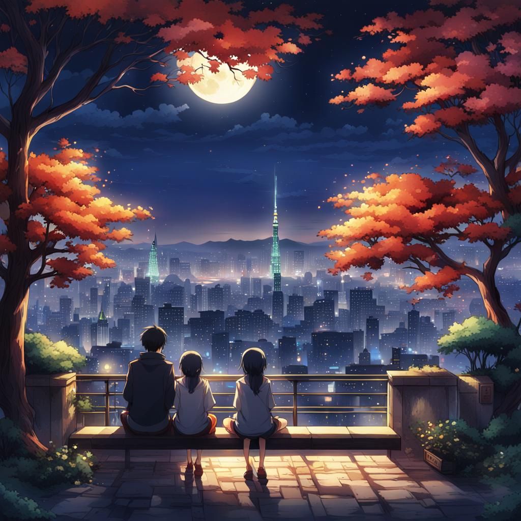 Guy and girl with their friend, watching the night sky over a glowing city  by @Calla
