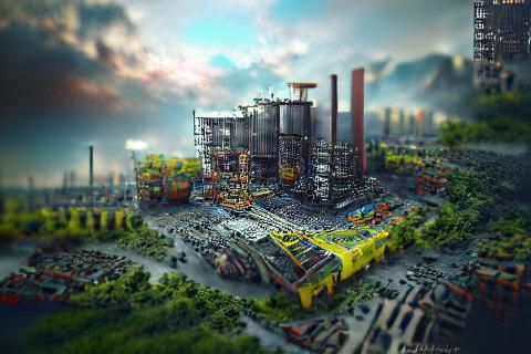 Blocky industrial world 8K 3D maximalist VRay landscape view