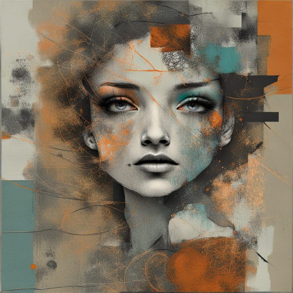 Scratch Collage Ocher Azure Watercolor Scribble Ink ✖ Grainy Mixture