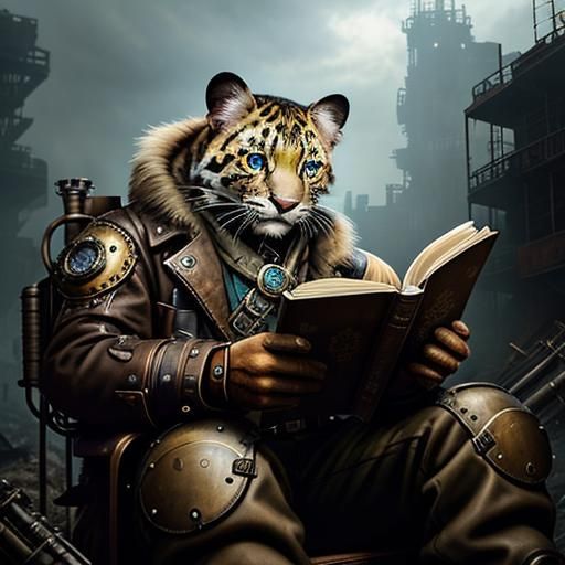 Steampunk Clouded Leopard reading a book in post apocalyptic...