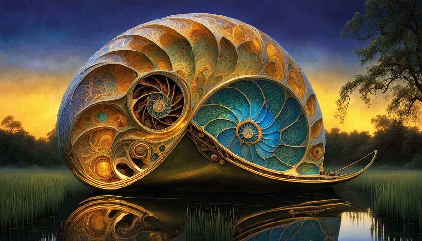 sacred geometry, nautilus, mechanical shiny reflective nauti...