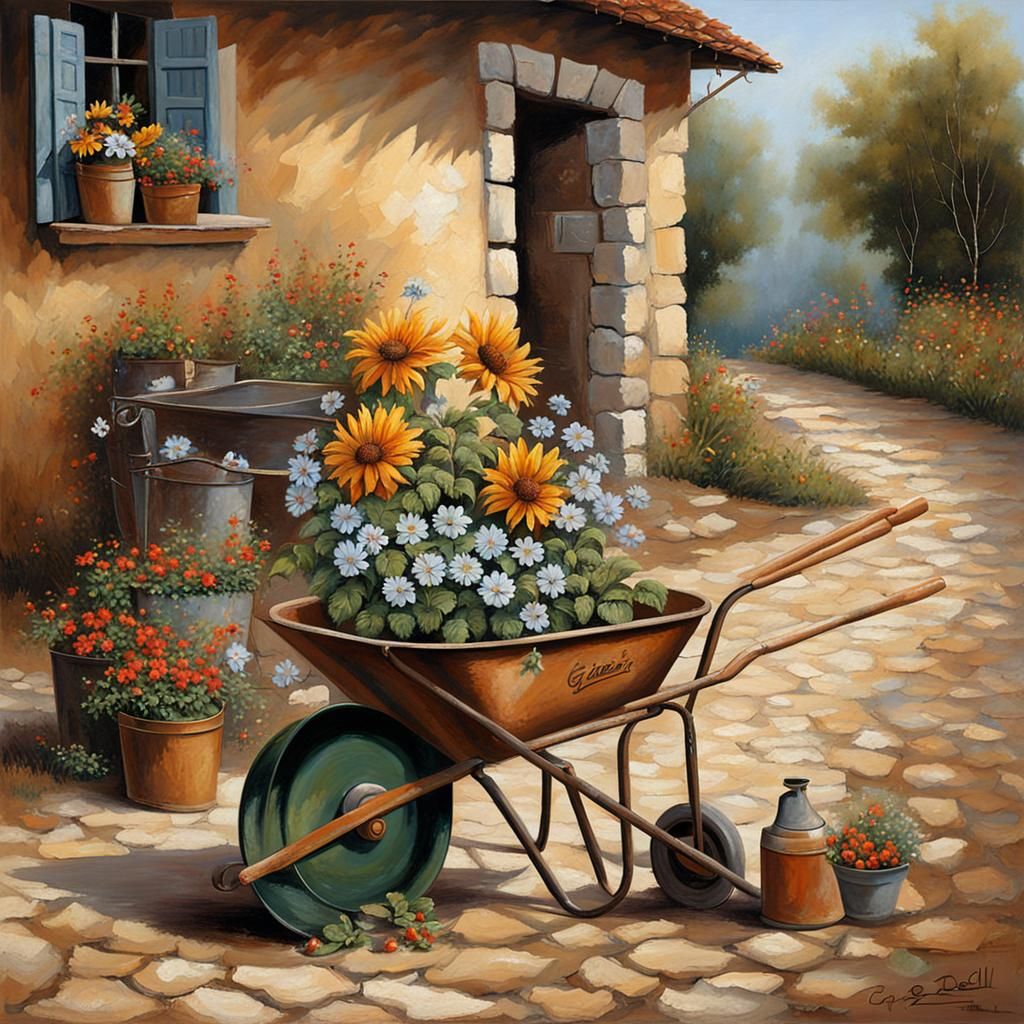A rustic water can and wheelbarrow Guido Borelli