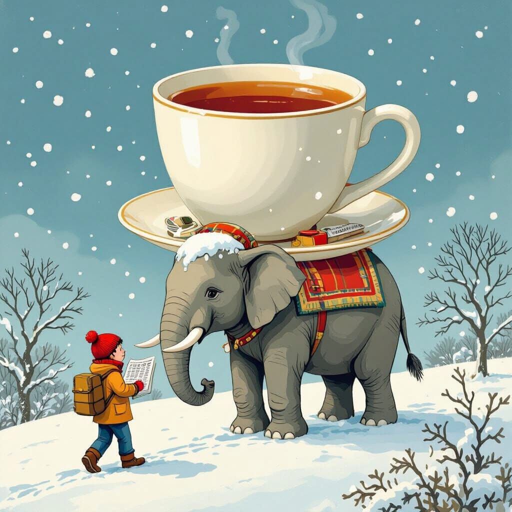 Whimsical Newspaper Boy on Elephant with Tea