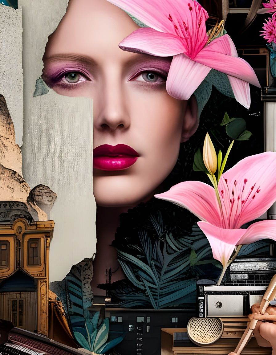 Girl with pink lilles collage art  by @Lucy