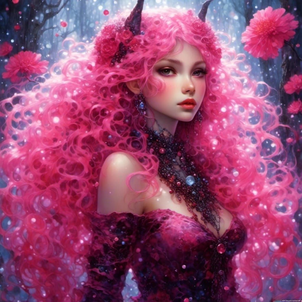 Chubby Goblin Girl in Pink Dress, Fantasy Art