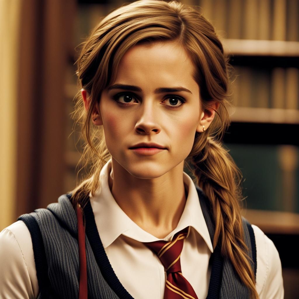 Emma Watson as Hermione Granger with her hair tied in - AI Generated ...