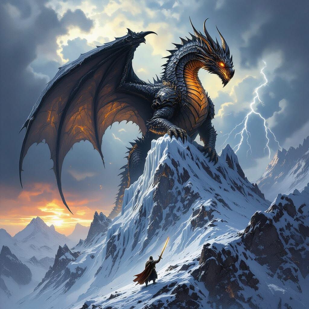 Obsidian Dragon on Icy Peak: Hyperrealistic Fantasy Art