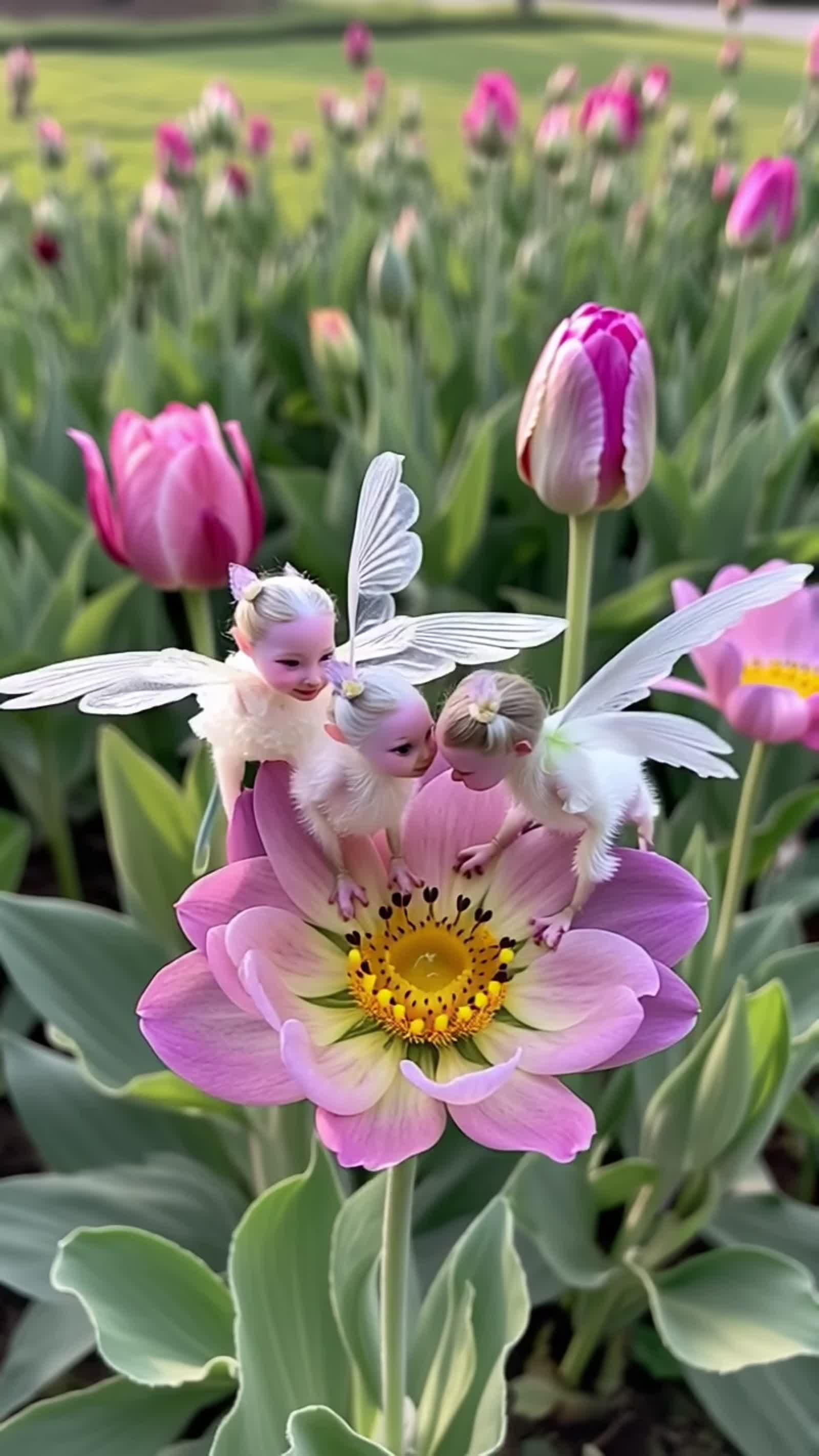 tres pequeñas hadas que juegan  encima de un tulipan