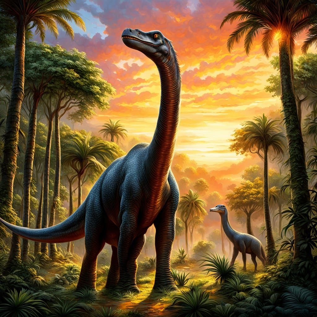 A colossal brachiosaurus towers over a prehistoric forest at sunset.  by @HereditaryWarlord