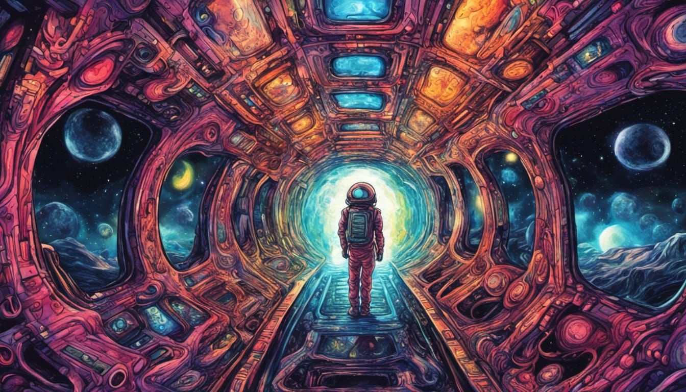 a psychedelic alien inside a psychedelic spaceship traveling...