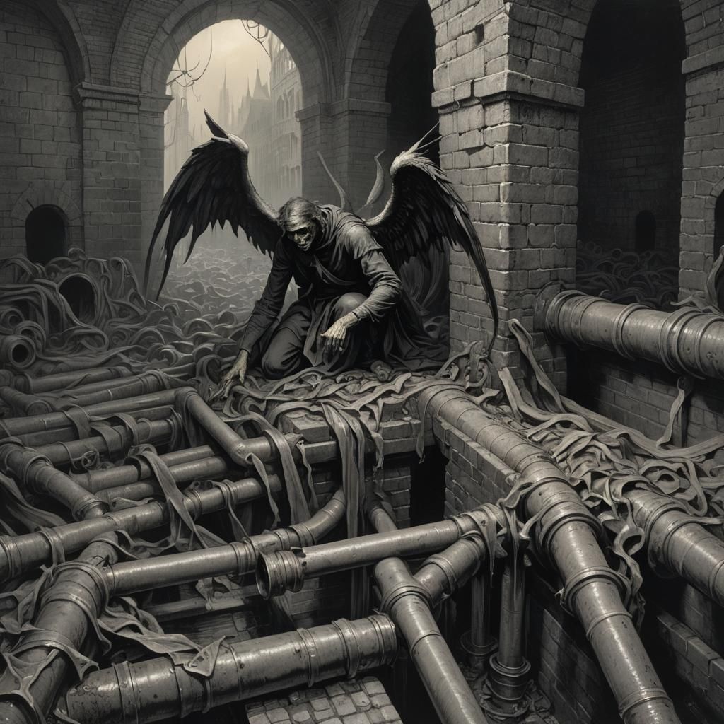 Fallen Angels Crawling Through Sewers in Horror Style