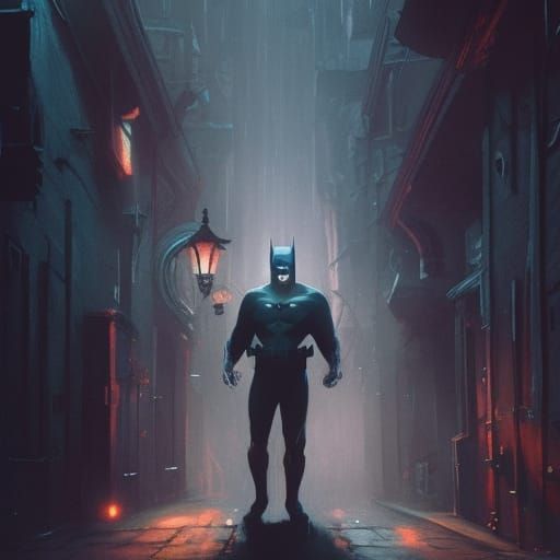 Batman with glowing eyes standing an alleyway. Epic
