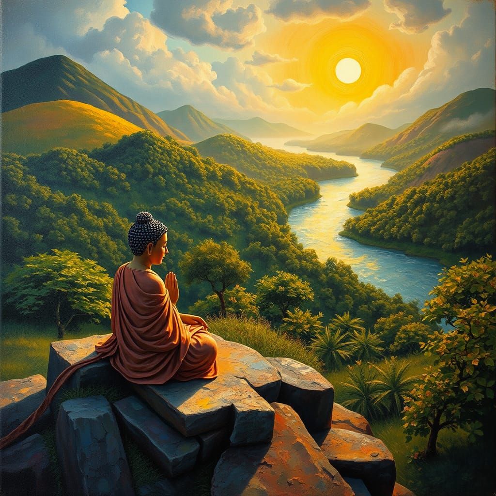 Mystical Buddha Conversation in Ethereal Landscape