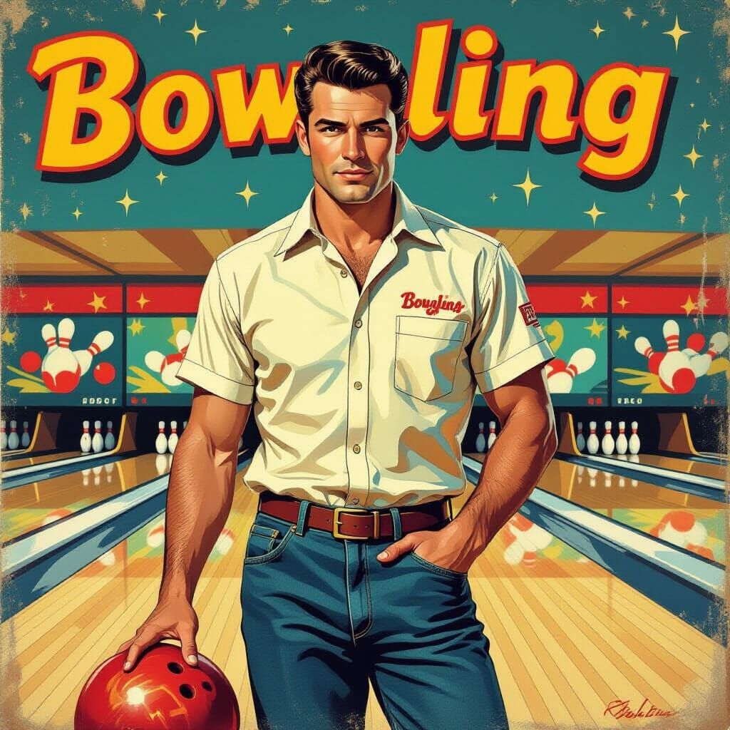 picture a man in a stylish bowling alley, sporting a personalized bowling shirt, cuffed jeans, and slicked-back ...  by @Bee_creative