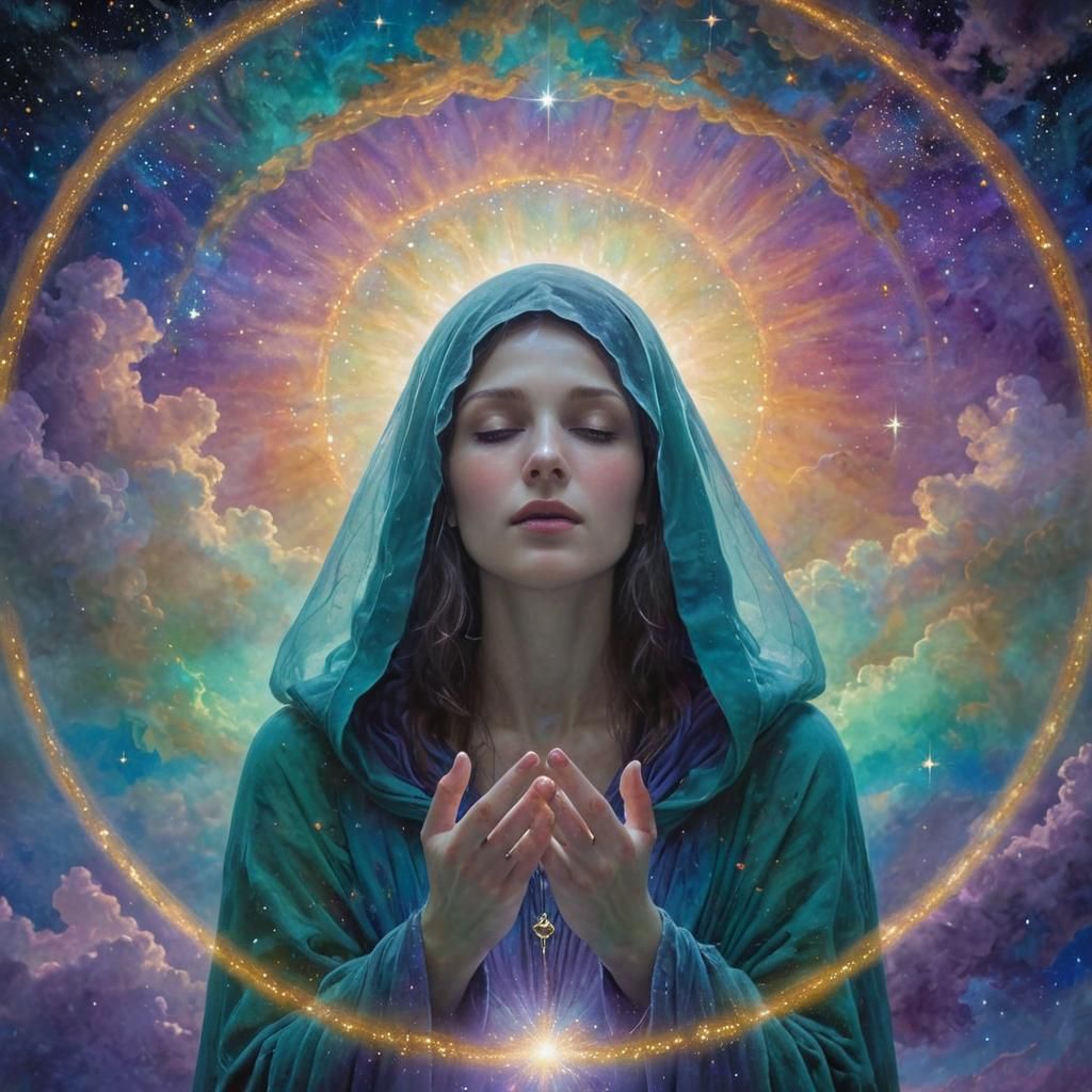 Mystical Figure Floating in Cosmic Clouds