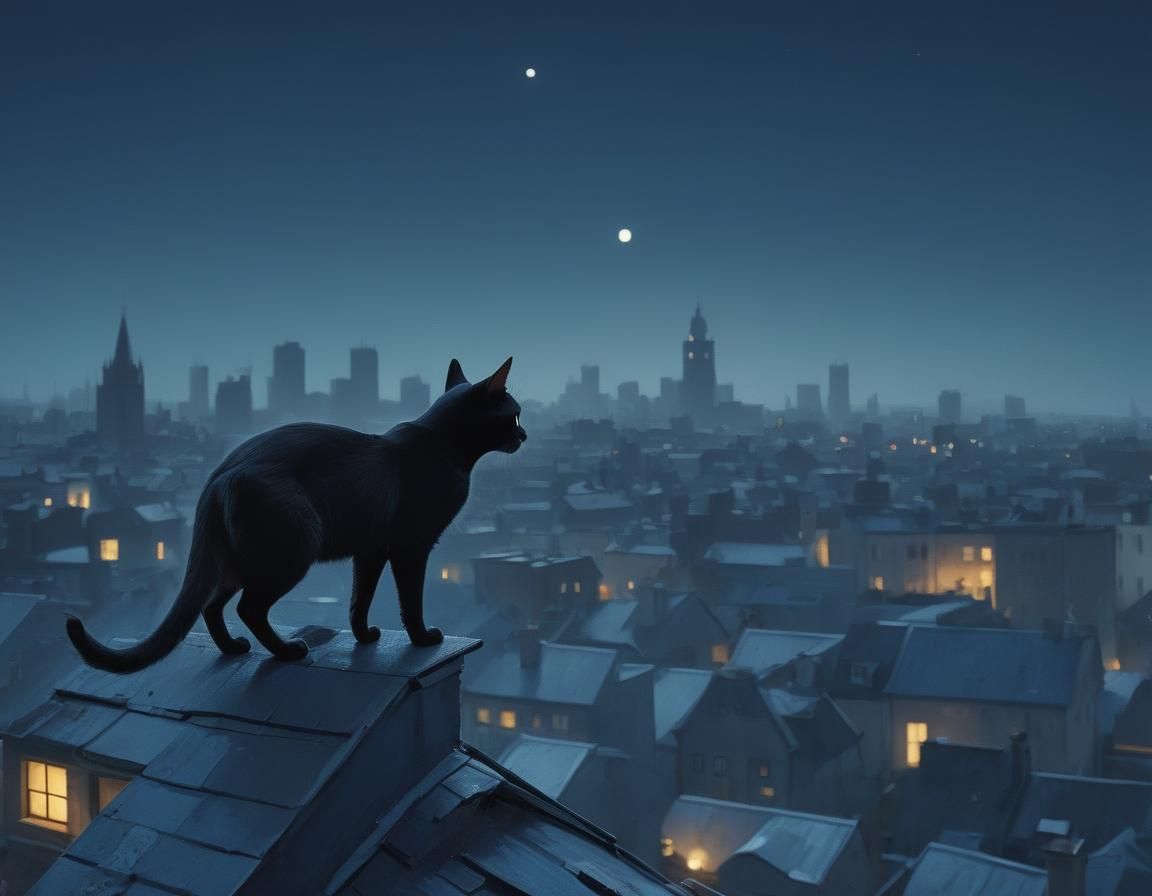 Black cat walking over city roofs at night - AI Generated Artwork ...