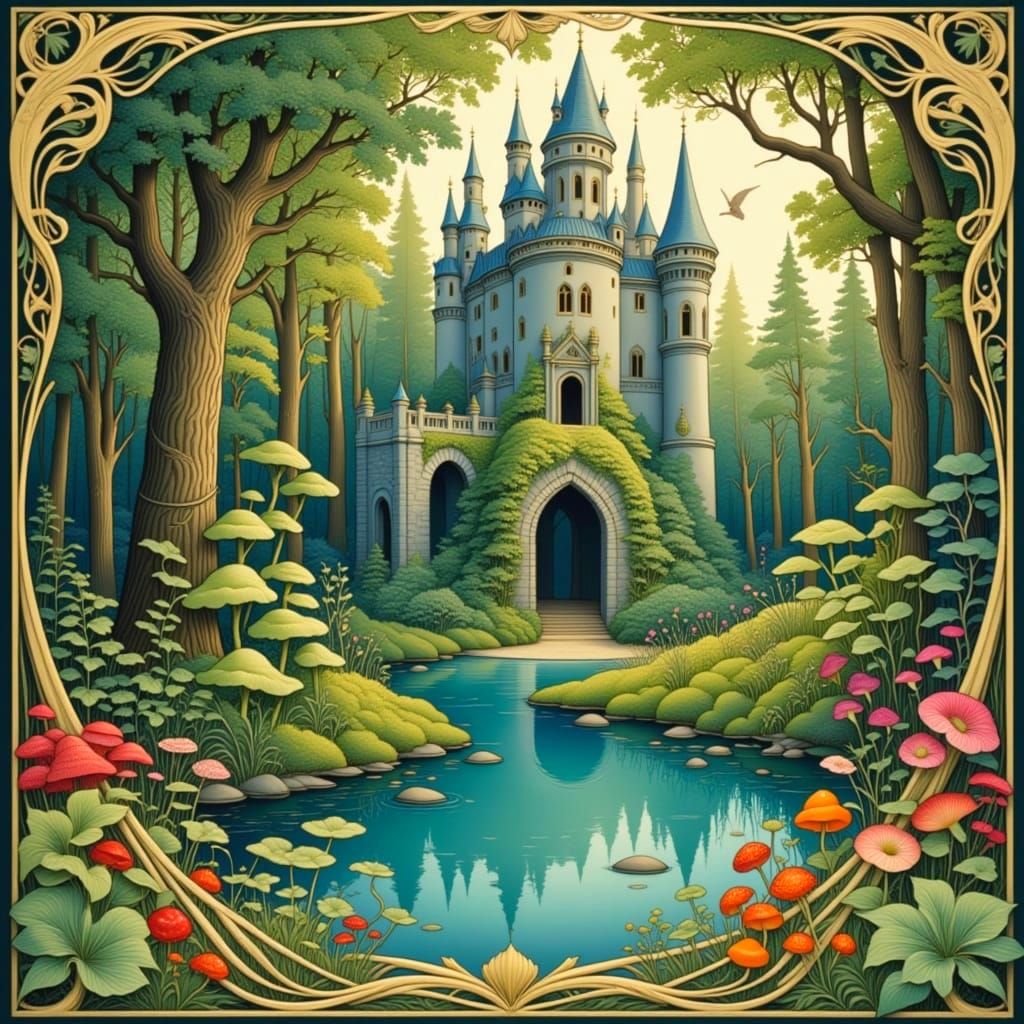 <lora:Bilibin:1.0>A decorative illustration of a castle in an enchanted forest surrounded by a moat in Russian folk art style as depicted in...