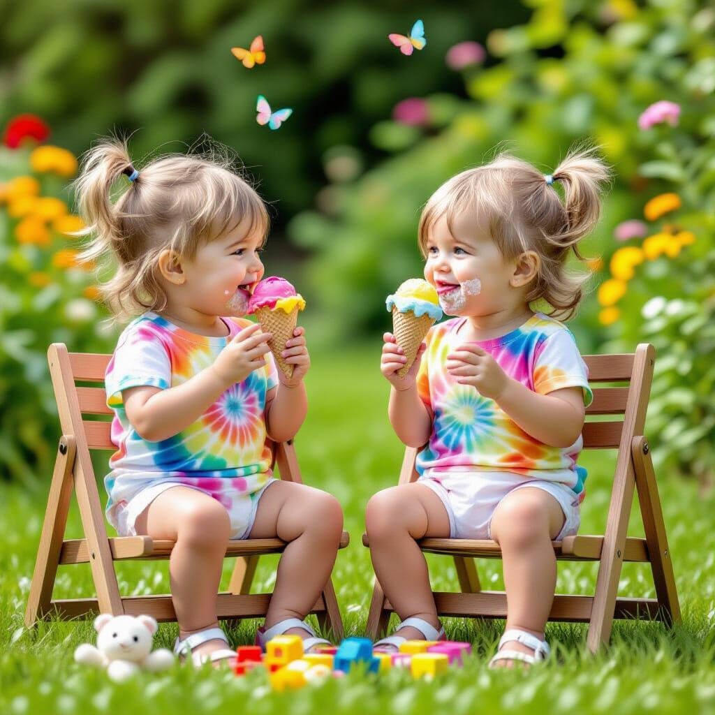 Twin Baby Girls Enjoying Ice Cream in Garden