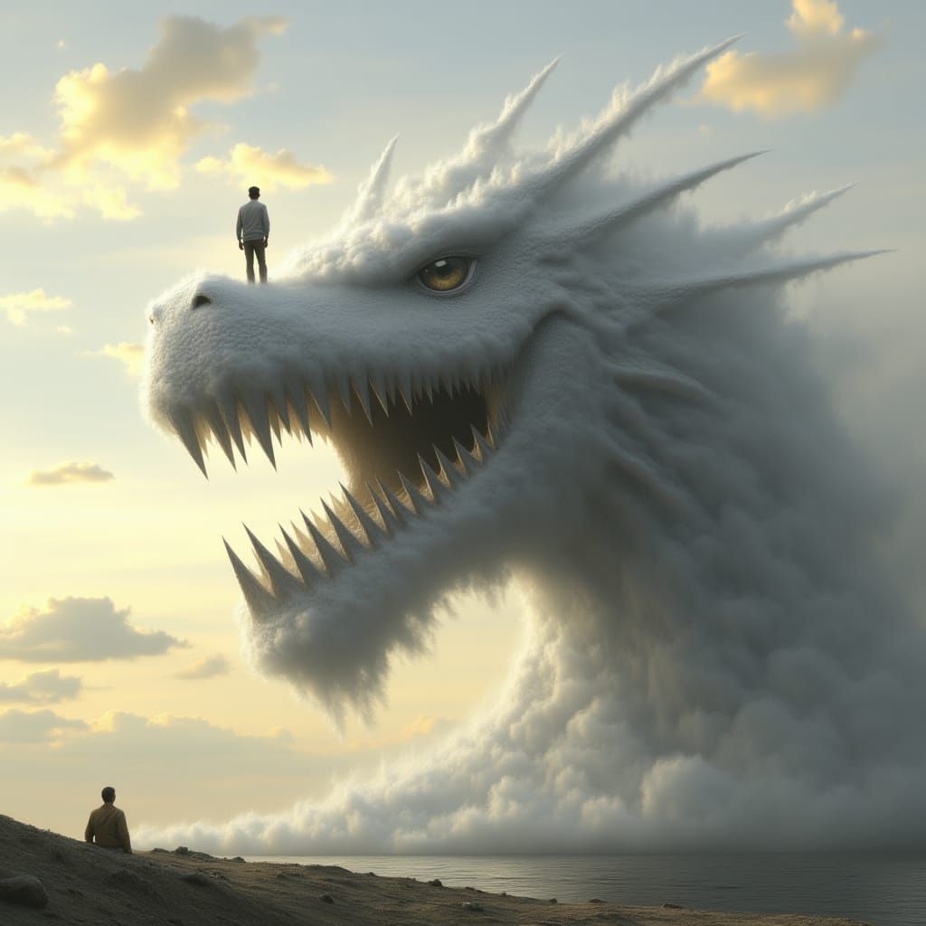  <lora:Chiaroscuro Dystopia:1.0> A giant creature made of fog, rising from the ground and forming into an enormous dragon head with its mout...