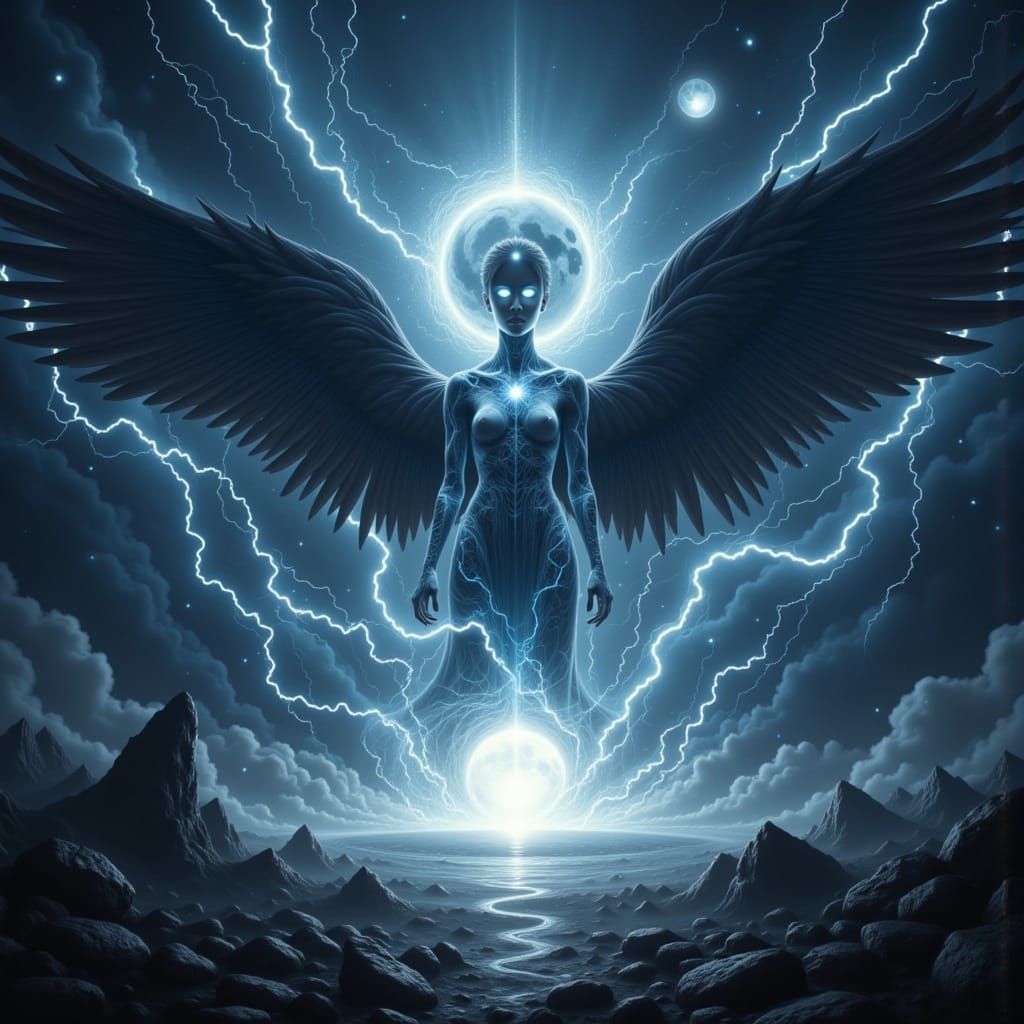 Ethereal Being Unveils Cosmic Truths in Moonlit Storm