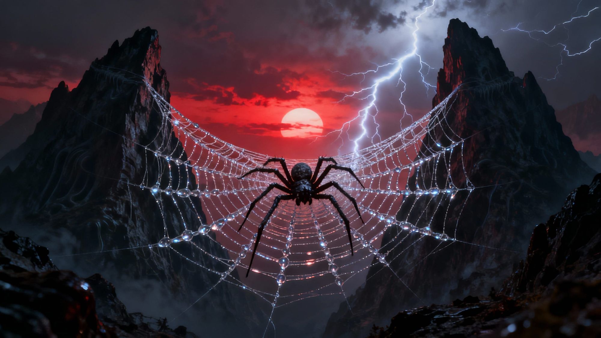 The Giant Spider Weaving Between Mountains – (Dark Fantasy / Cinematic)

A titanic spider spins a web spanning two mountain peaks under a bl...