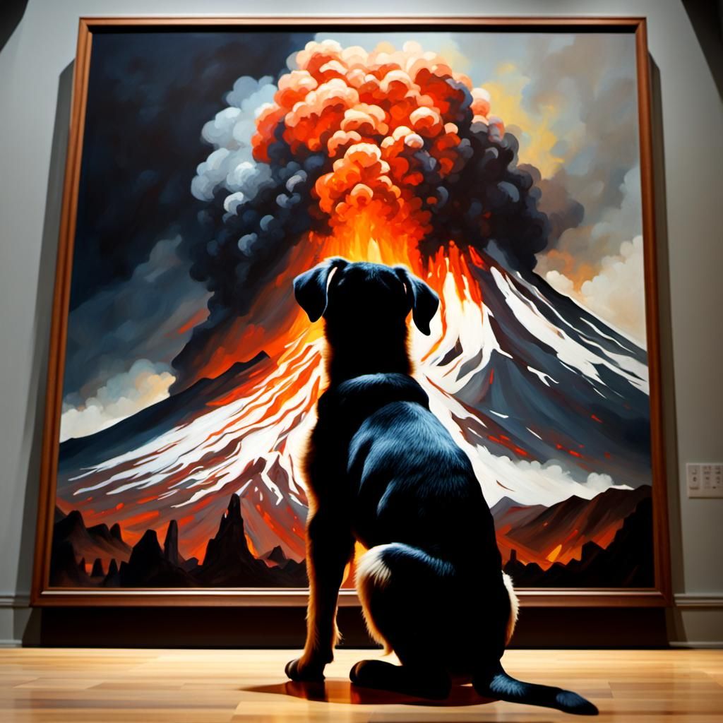a really big painting of a volcano exploding in an art galle...